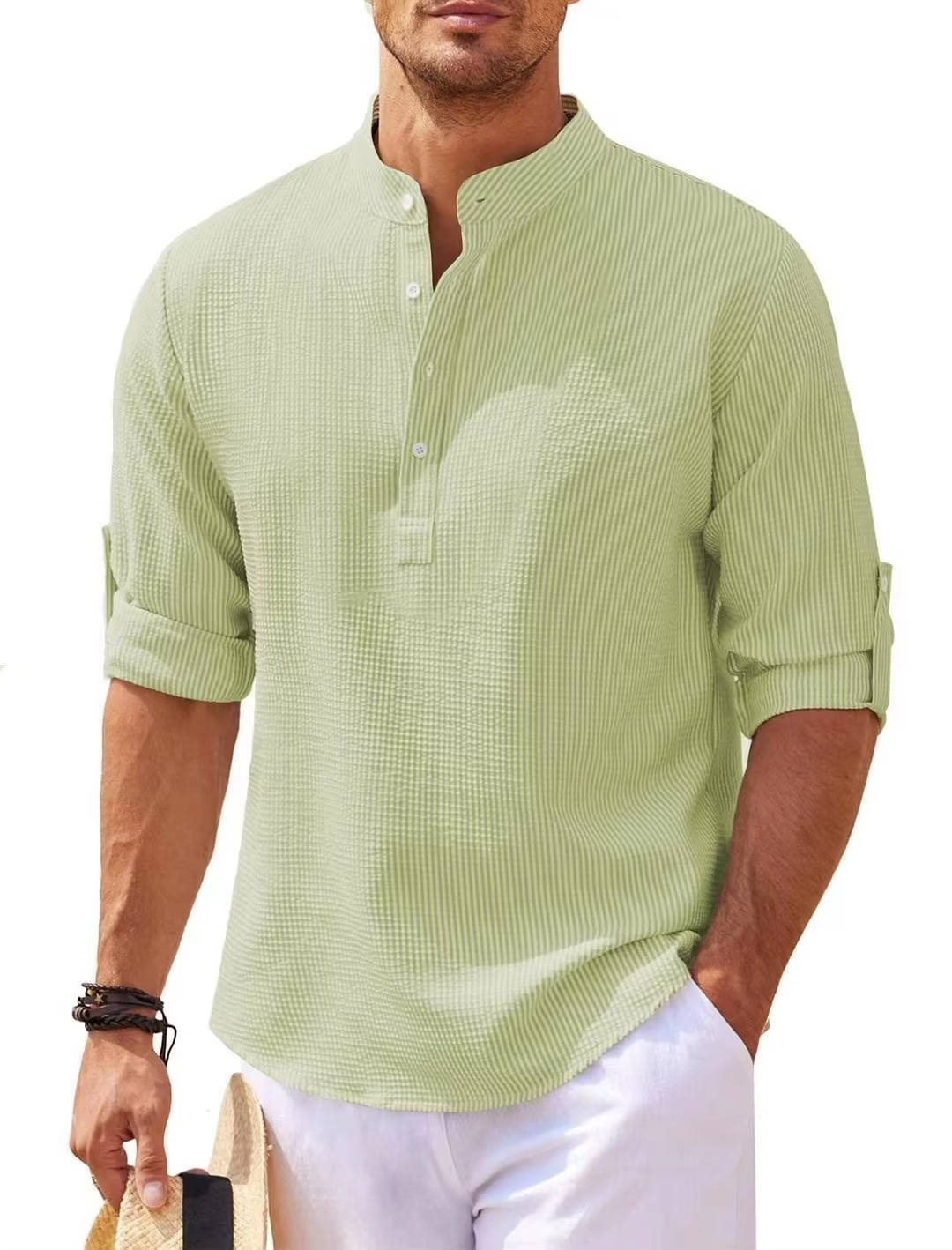 Men’s Waffle Knit Henley Shirt – Long Sleeve Cotton Linen Blend Casual Button Shirt