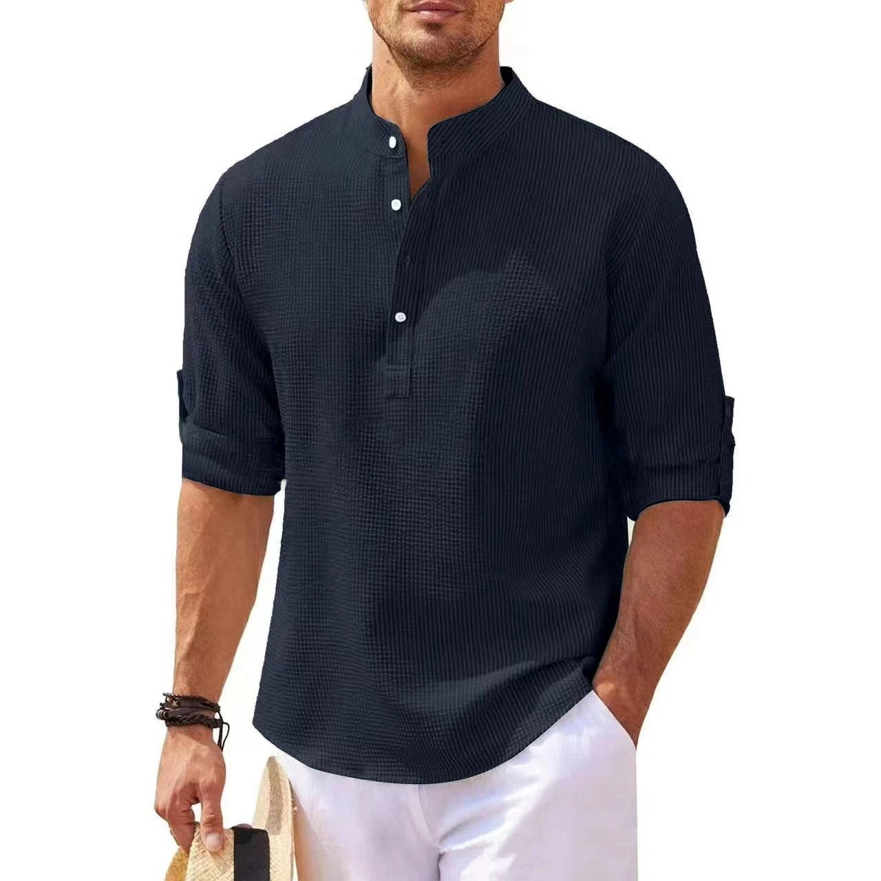 Men’s Waffle Knit Henley Shirt – Long Sleeve Cotton Linen Blend Casual Button Shirt