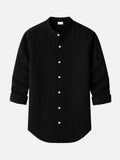 Linen Blend Mandarin Collar Short Sleeve Button-Up Shirt in Jet Black