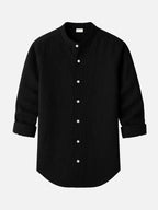 Linen Blend Mandarin Collar Short Sleeve Button-Up Shirt in Jet Black