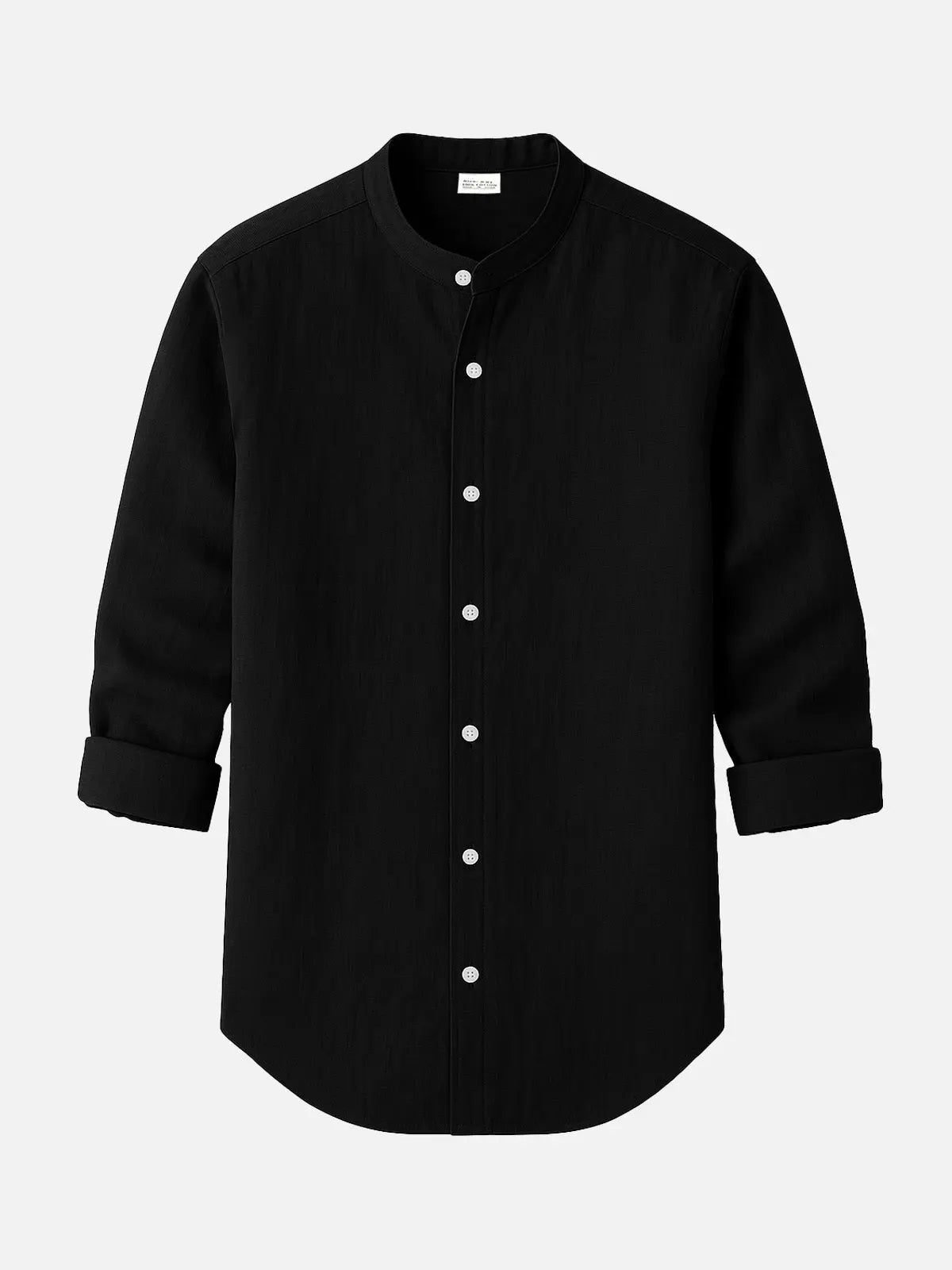 Linen Blend Mandarin Collar Short Sleeve Button-Up Shirt in Jet Black