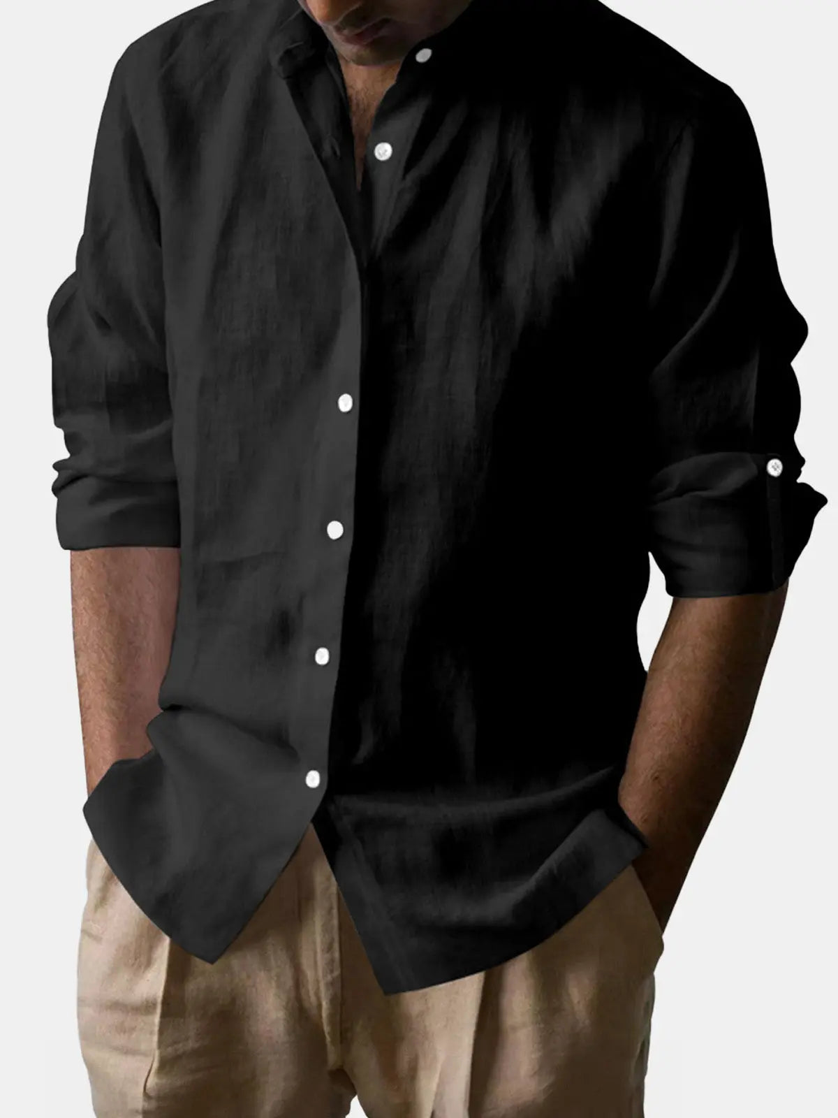 Linen Blend Mandarin Collar Short Sleeve Button-Up Shirt in Jet Black