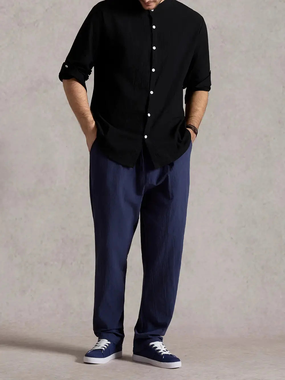 Linen Blend Mandarin Collar Short Sleeve Button-Up Shirt in Jet Black