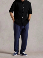 Linen Blend Mandarin Collar Short Sleeve Button-Up Shirt in Jet Black