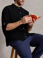 Linen Blend Mandarin Collar Short Sleeve Button-Up Shirt in Jet Black
