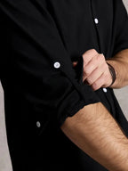Linen Blend Mandarin Collar Short Sleeve Button-Up Shirt in Jet Black