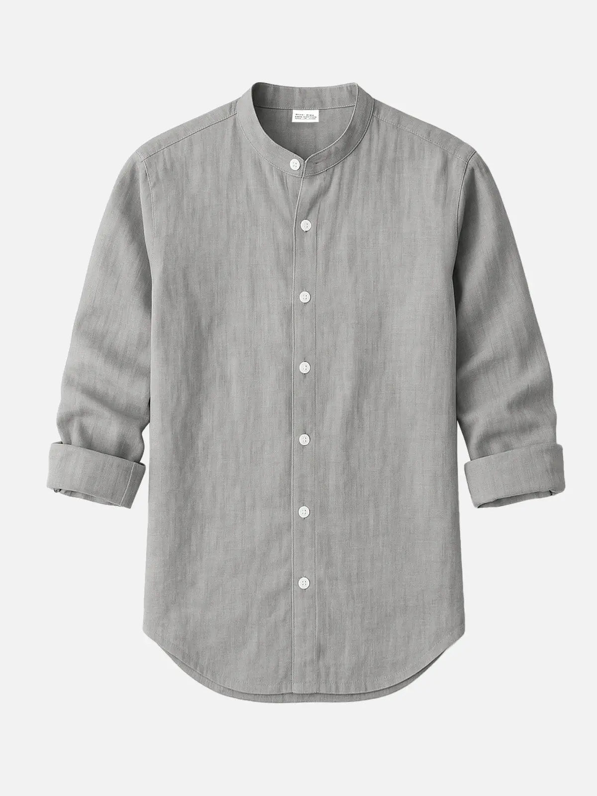 Linen Blend Mandarin Collar Short Sleeve Button-Up Shirt in Jet Black