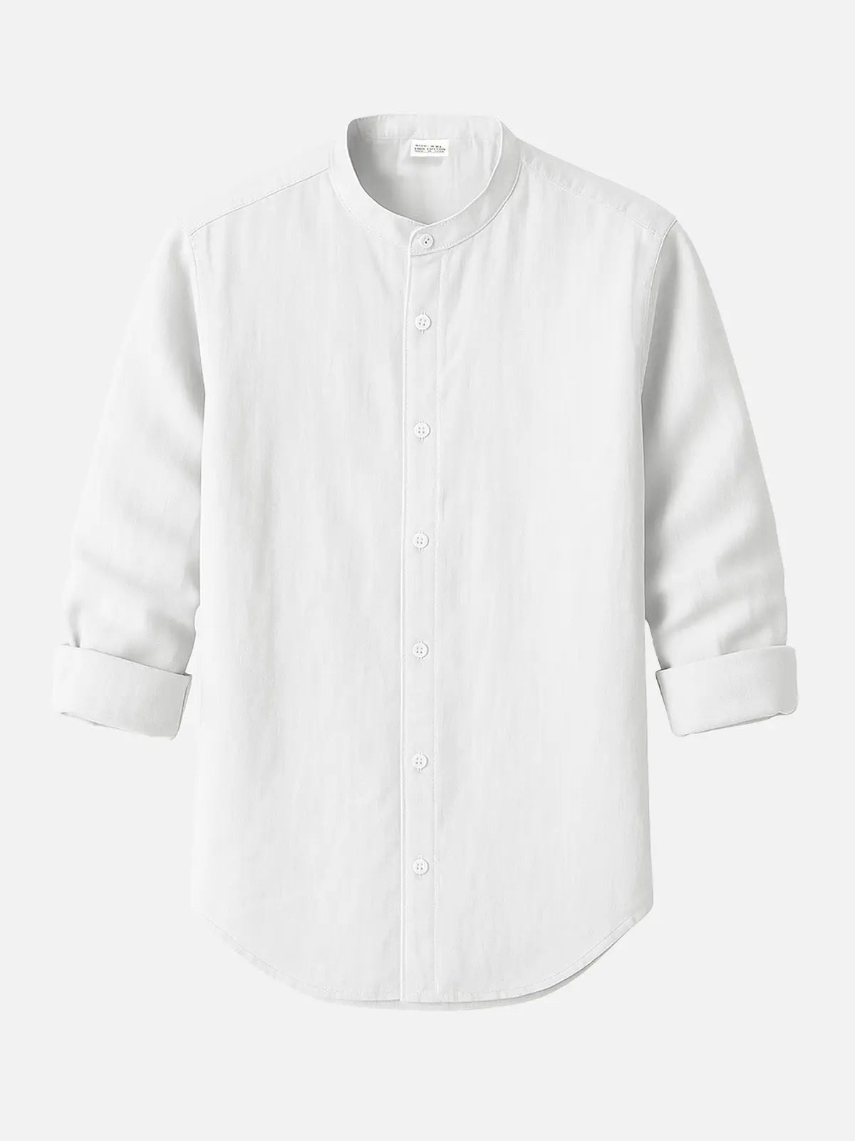 Linen Blend Mandarin Collar Short Sleeve Button-Up Shirt in Jet Black