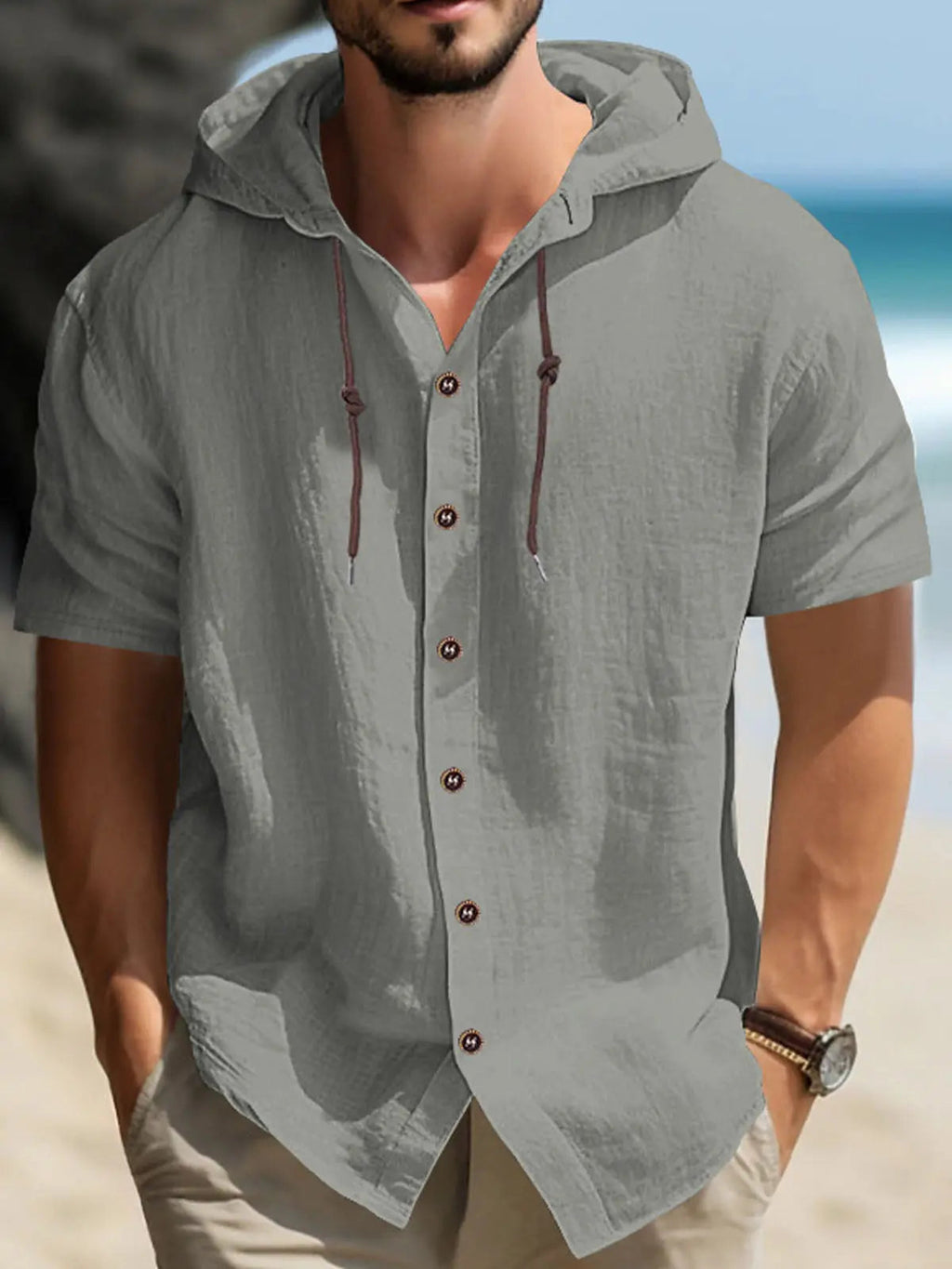 Linen Blend Short Sleeve Hooded Button-Up Shirt
