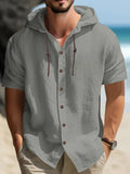 Linen Blend Short Sleeve Hooded Button-Up Shirt