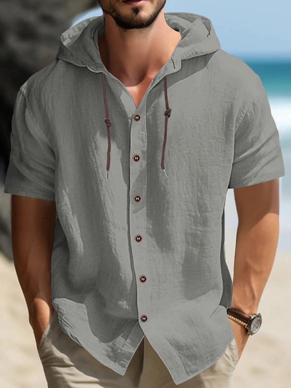 Linen Blend Short Sleeve Hooded Button-Up Shirt