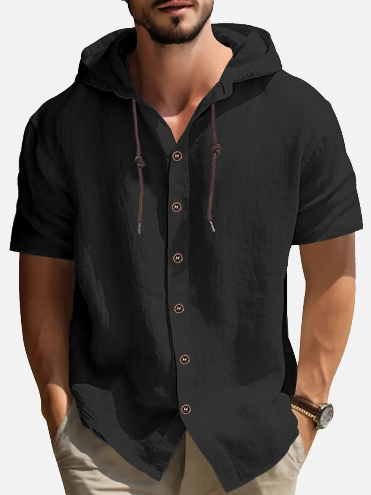 Linen Blend Short Sleeve Hooded Button-Up Shirt
