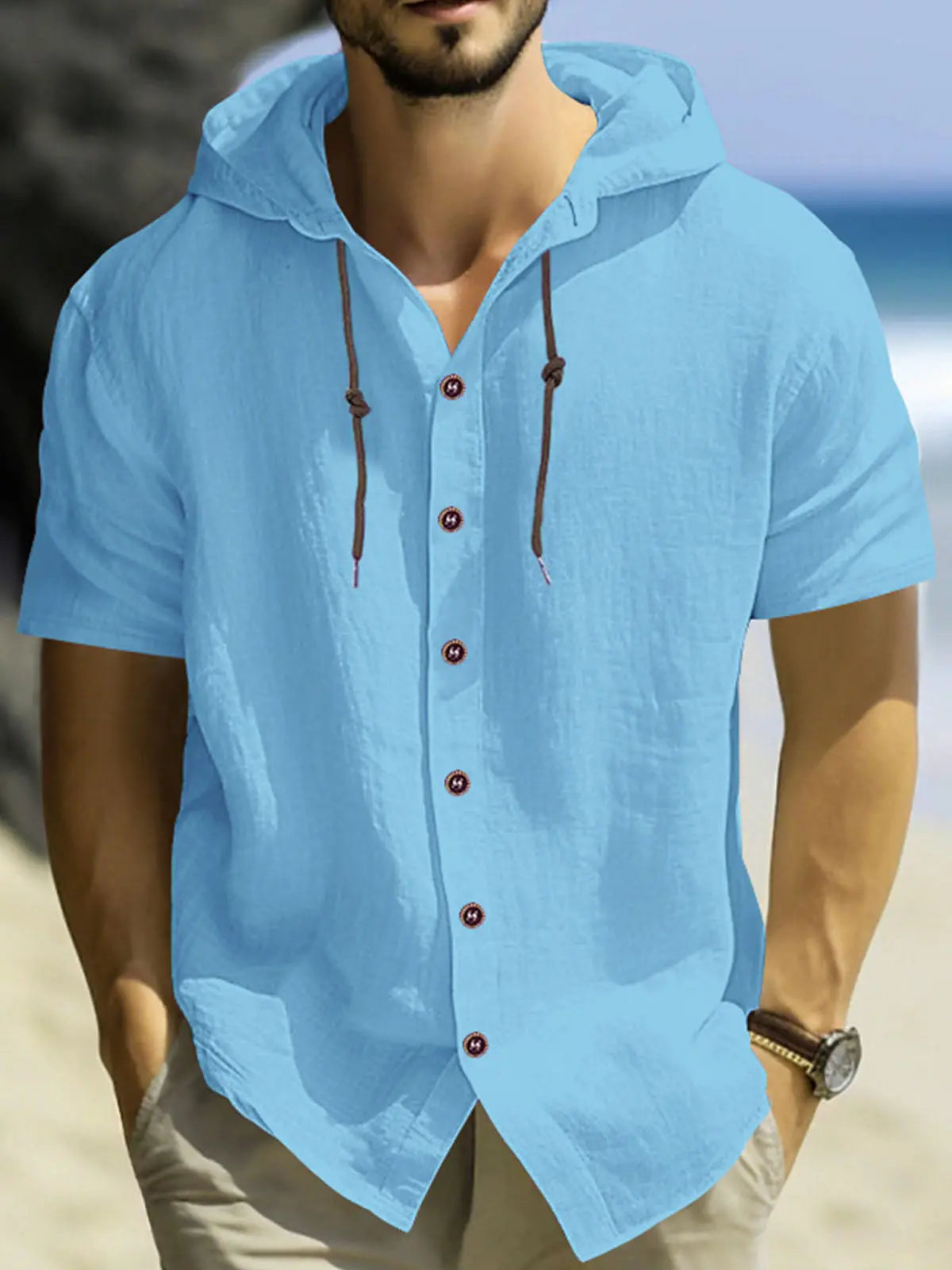 Linen Blend Short Sleeve Hooded Button-Up Shirt