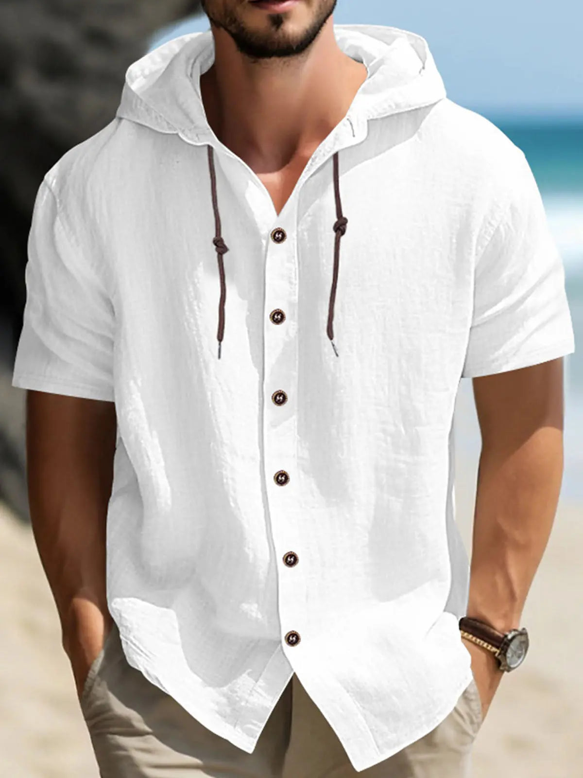 Linen Blend Short Sleeve Hooded Button-Up Shirt