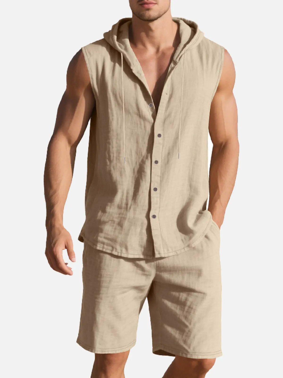 Linen Blend Sleeveless Hooded Button-Up Vest Shirt