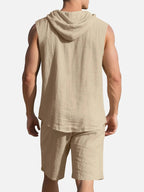 Linen Blend Sleeveless Hooded Button-Up Vest Shirt