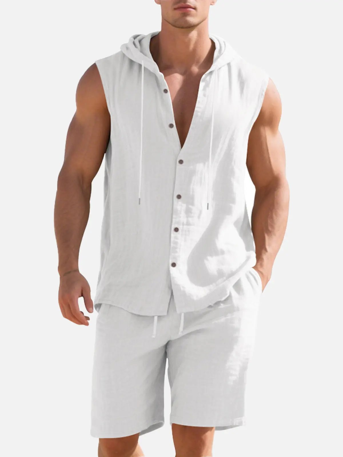 Linen Blend Sleeveless Hooded Button-Up Vest Shirt