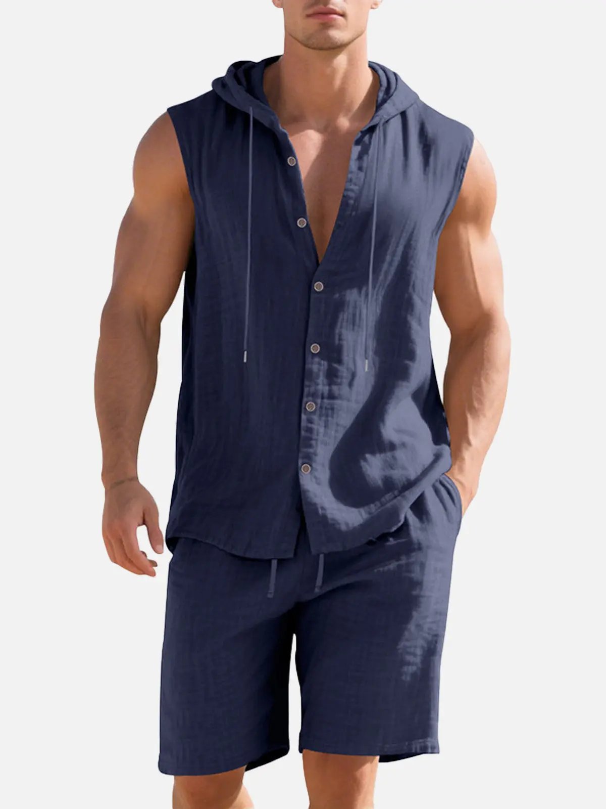 Linen Blend Sleeveless Hooded Button-Up Vest Shirt
