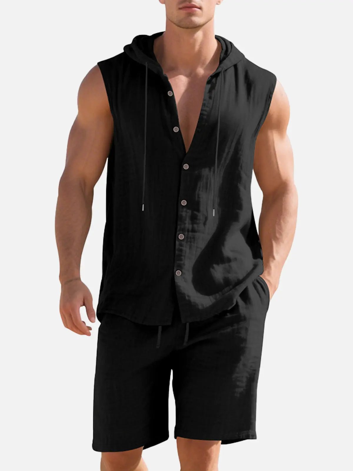 Linen Blend Sleeveless Hooded Button-Up Vest Shirt