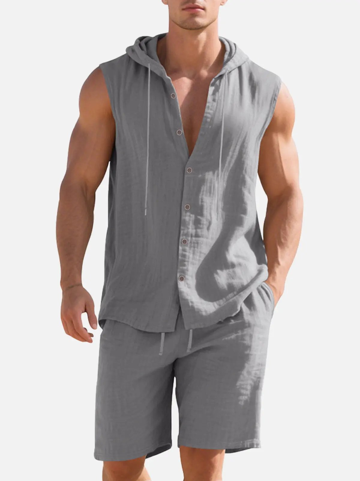 Linen Blend Sleeveless Hooded Button-Up Vest Shirt