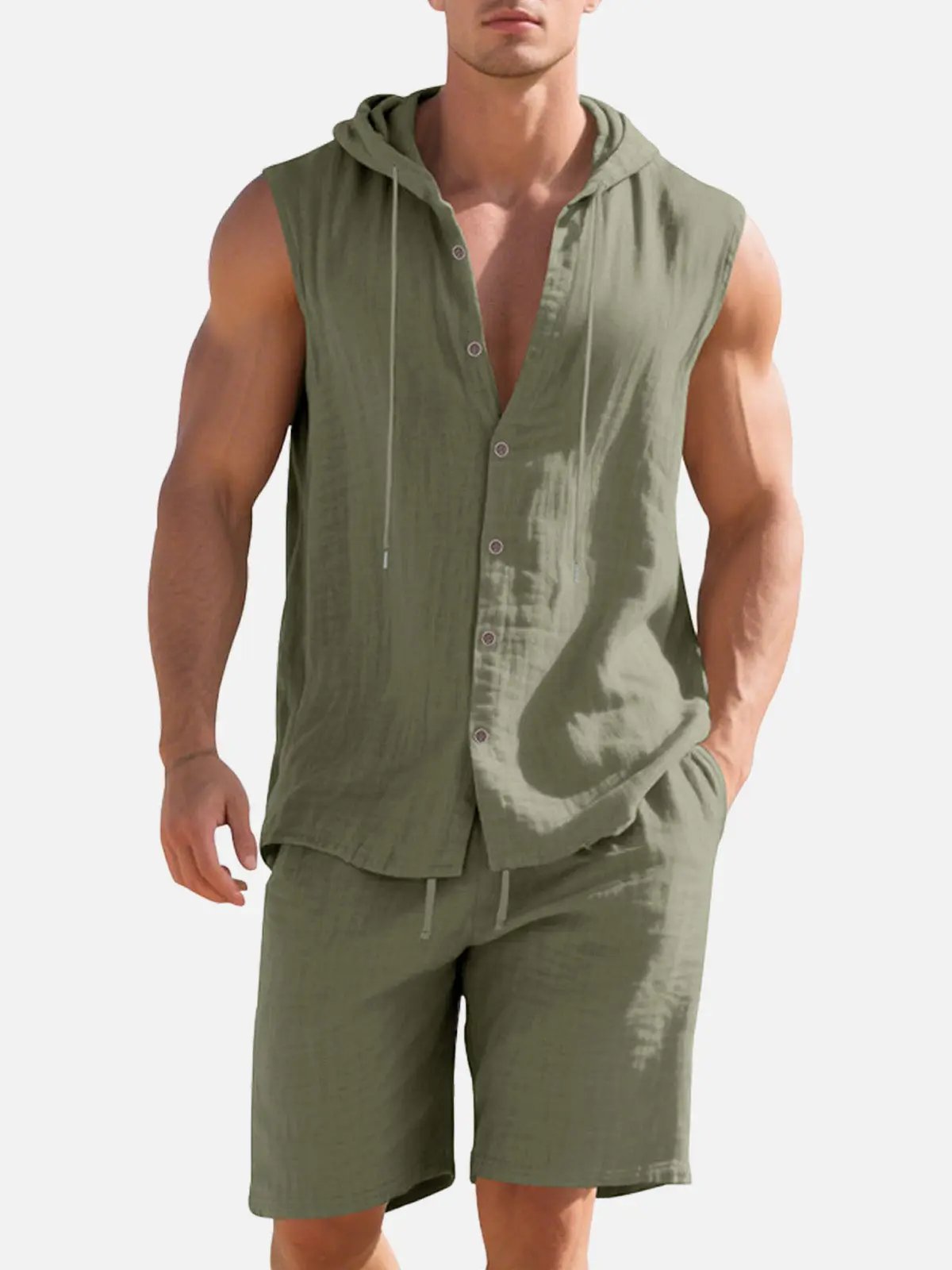 Linen Blend Sleeveless Hooded Button-Up Vest Shirt