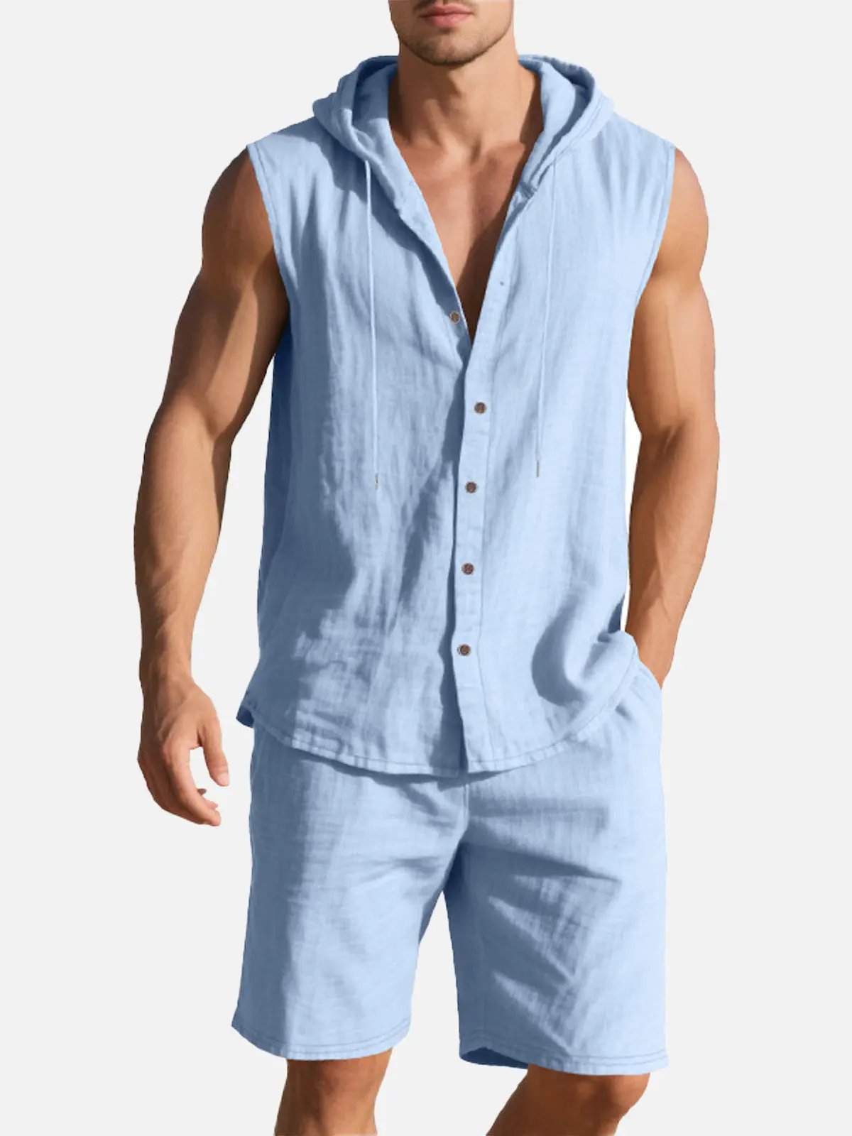 Linen Blend Sleeveless Hooded Button-Up Vest Shirt