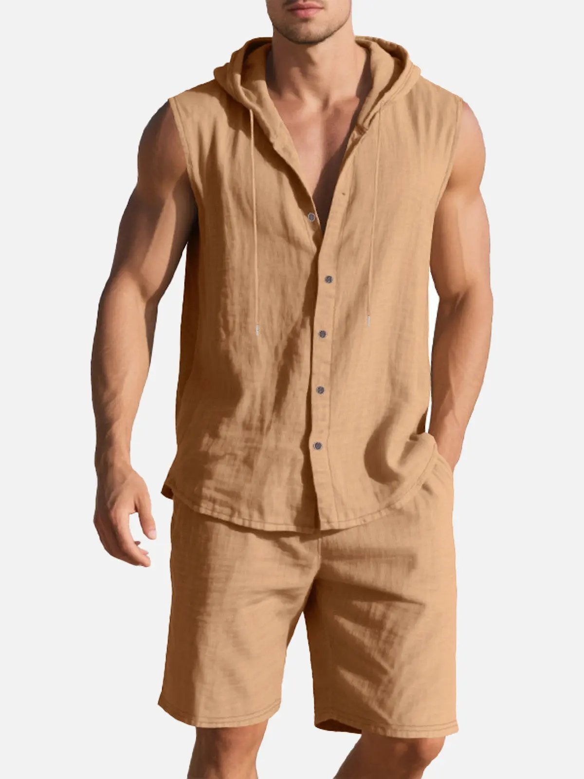 Linen Blend Sleeveless Hooded Button-Up Vest Shirt