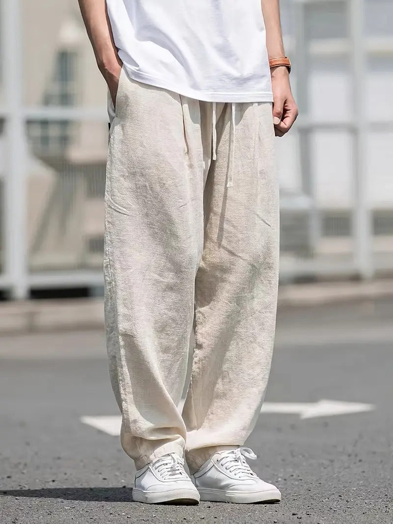 Men’s Relaxed Fit Linen Pants – Breathable Wide Leg Drawstring Elastic Waist Casual Summer Trousers with Pockets