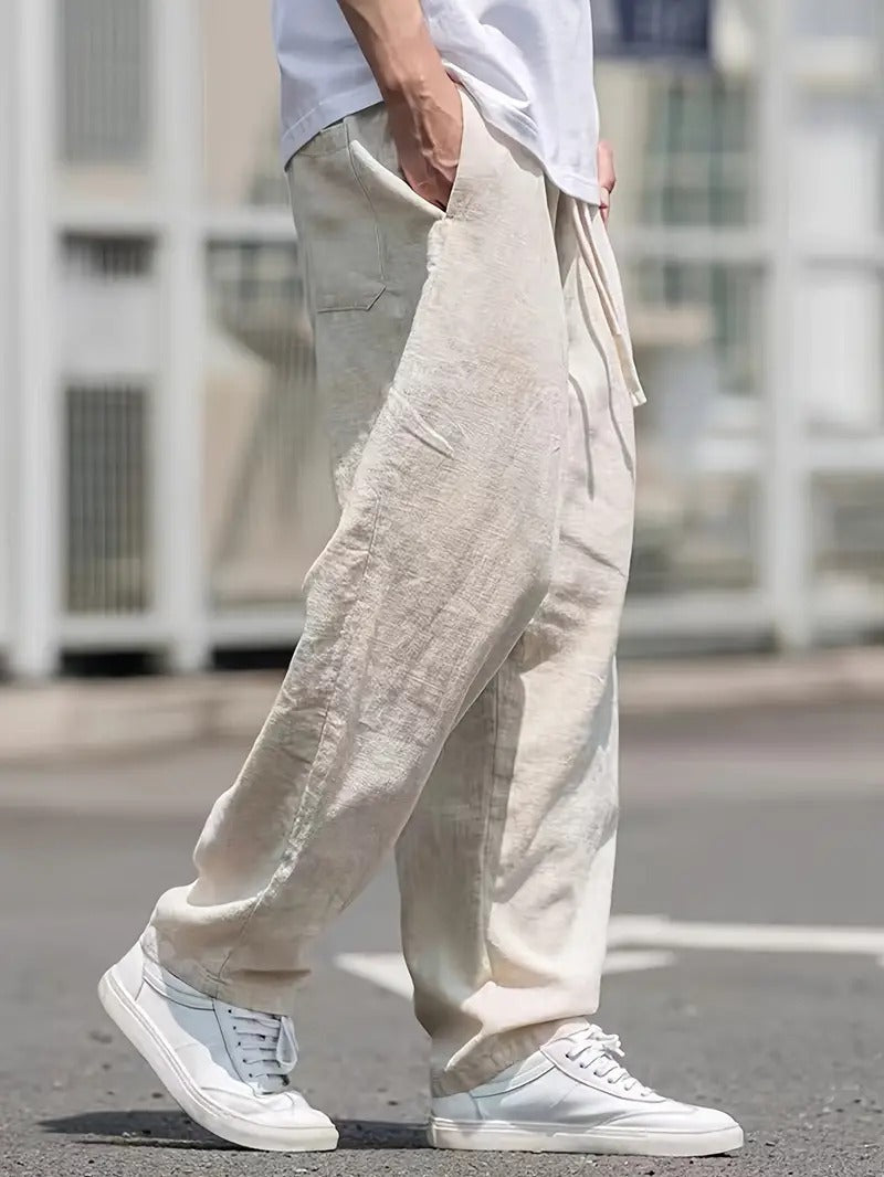 Men’s Relaxed Fit Linen Pants – Breathable Wide Leg Drawstring Elastic Waist Casual Summer Trousers with Pockets