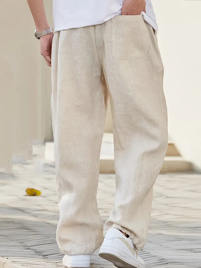 Men’s Relaxed Fit Linen Pants – Breathable Wide Leg Drawstring Elastic Waist Casual Summer Trousers with Pockets