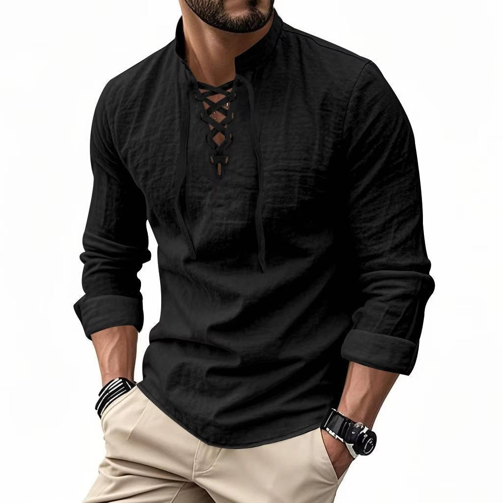 Men’s Cotton Linen Lace Up Henley Shirt – Long Sleeve Band Collar Relaxed Fit Casual Buttonless Vintage Top