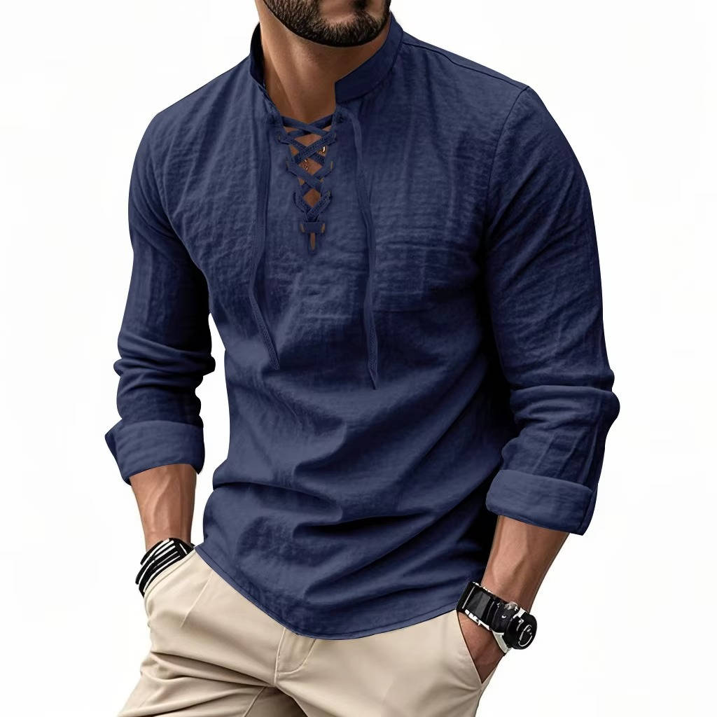 Men’s Cotton Linen Lace Up Henley Shirt – Long Sleeve Band Collar Relaxed Fit Casual Buttonless Vintage Top