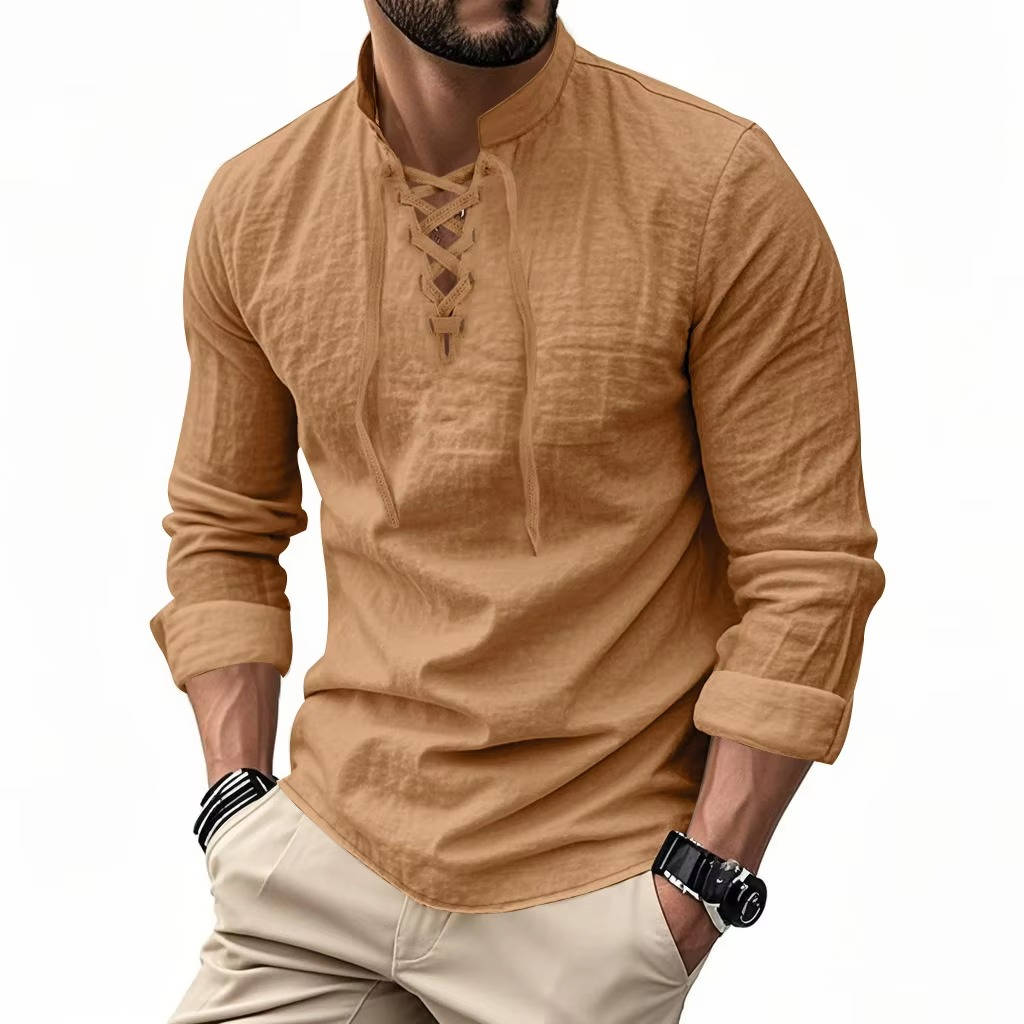 Men’s Cotton Linen Lace Up Henley Shirt – Long Sleeve Band Collar Relaxed Fit Casual Buttonless Vintage Top