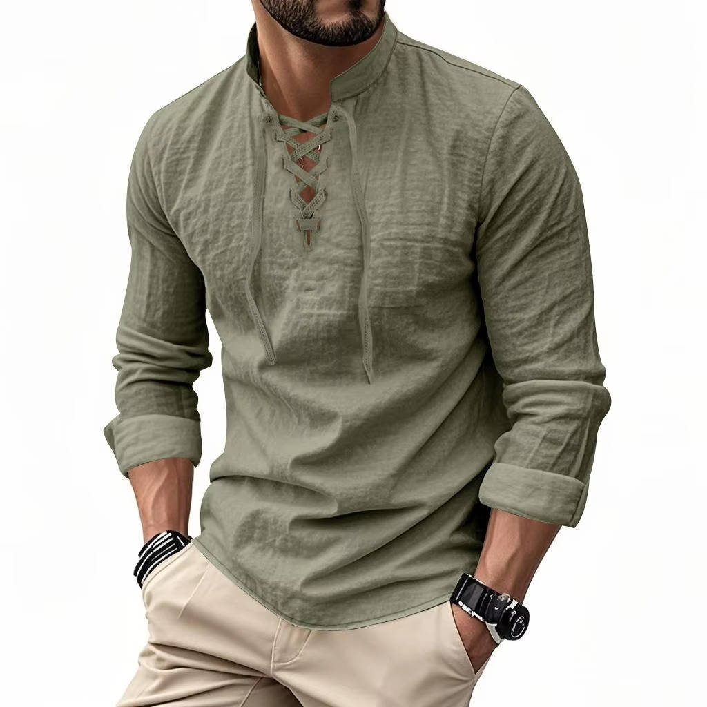 Men’s Cotton Linen Lace Up Henley Shirt – Long Sleeve Band Collar Relaxed Fit Casual Buttonless Vintage Top