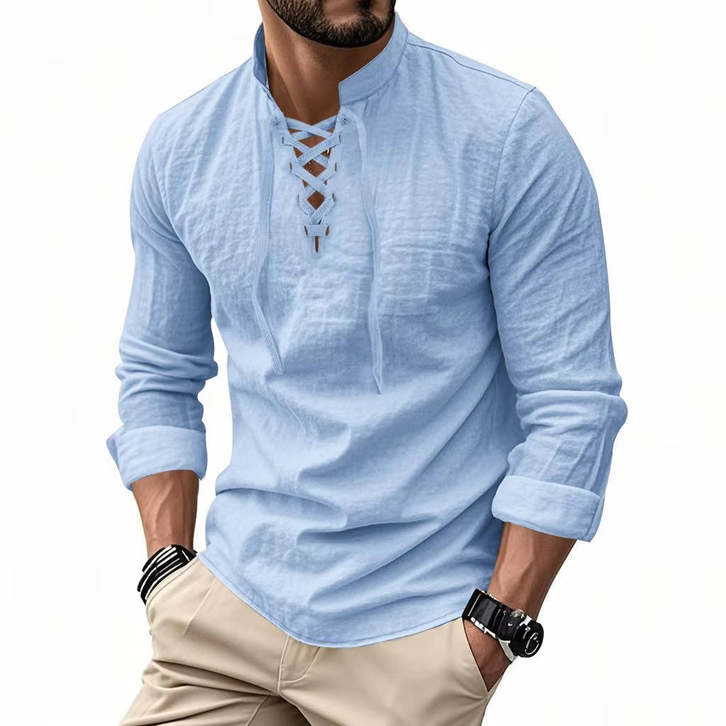 Men’s Cotton Linen Lace Up Henley Shirt – Long Sleeve Band Collar Relaxed Fit Casual Buttonless Vintage Top