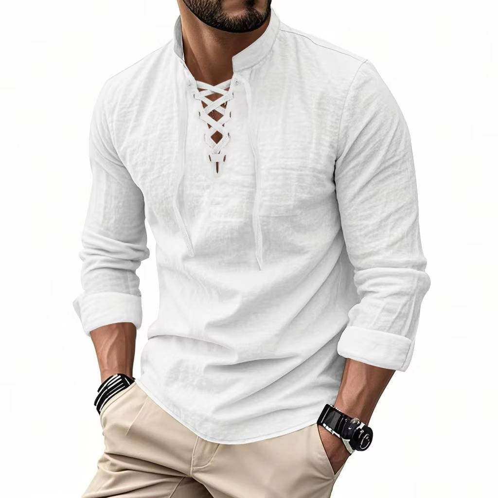 Men’s Cotton Linen Lace Up Henley Shirt – Long Sleeve Band Collar Relaxed Fit Casual Buttonless Vintage Top