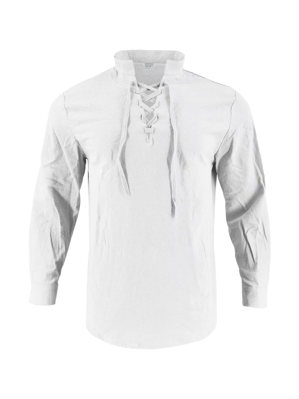 Men’s Cotton Linen Lace Up Henley Shirt – Long Sleeve Band Collar Relaxed Fit Casual Buttonless Vintage Top