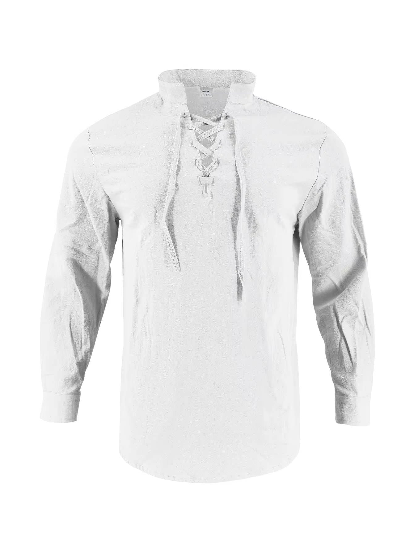Men’s Cotton Linen Lace Up Henley Shirt – Long Sleeve Band Collar Relaxed Fit Casual Buttonless Vintage Top