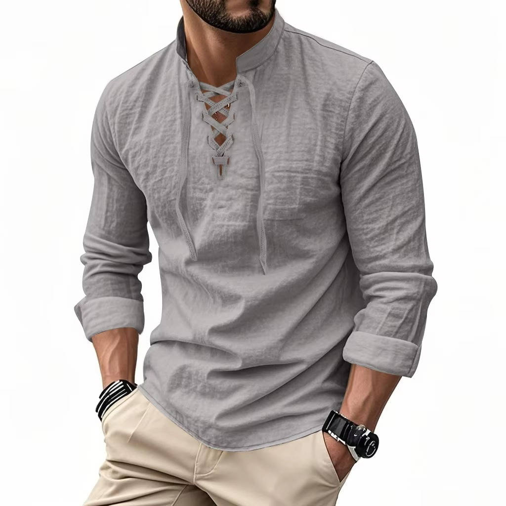 Men’s Cotton Linen Lace Up Henley Shirt – Long Sleeve Band Collar Relaxed Fit Casual Buttonless Vintage Top