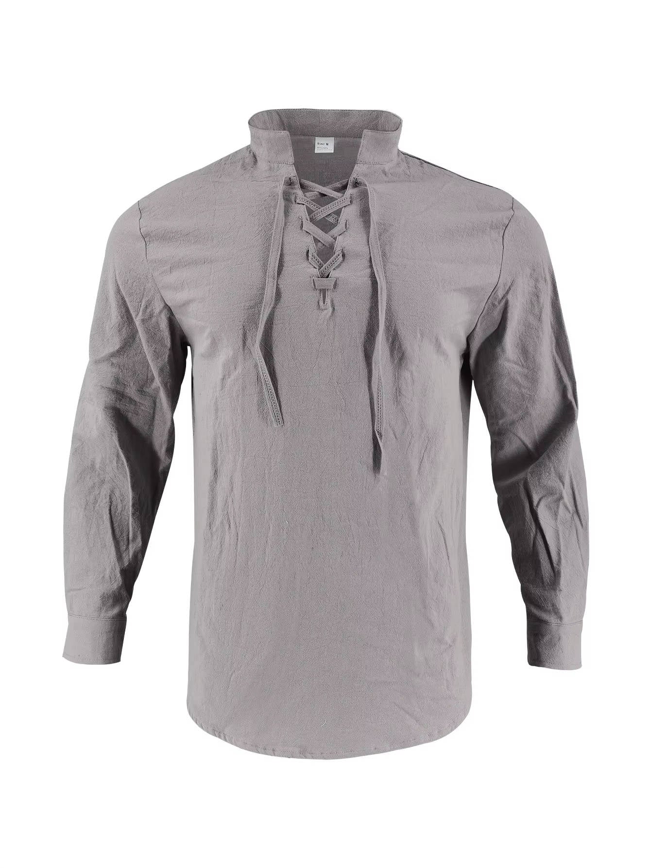 Men’s Cotton Linen Lace Up Henley Shirt – Long Sleeve Band Collar Relaxed Fit Casual Buttonless Vintage Top
