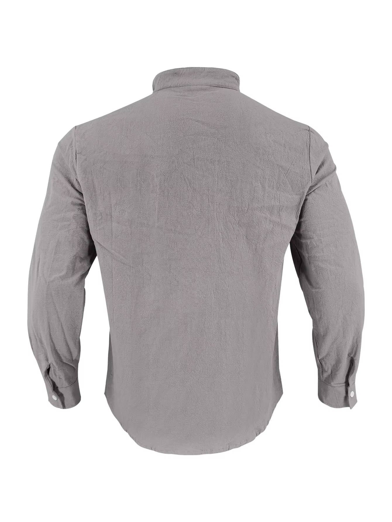 Men’s Cotton Linen Lace Up Henley Shirt – Long Sleeve Band Collar Relaxed Fit Casual Buttonless Vintage Top
