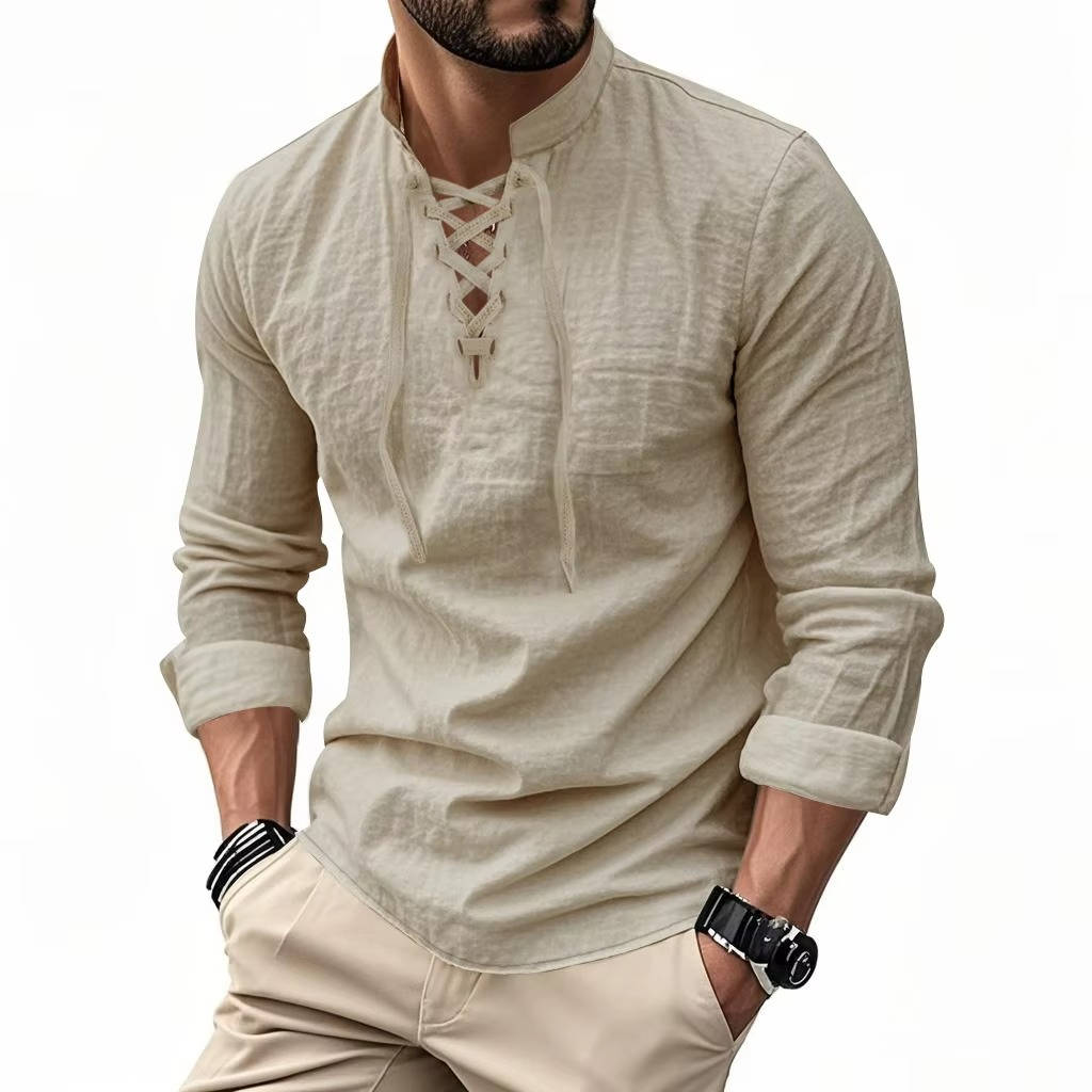 Men’s Cotton Linen Lace Up Henley Shirt – Long Sleeve Band Collar Relaxed Fit Casual Buttonless Vintage Top