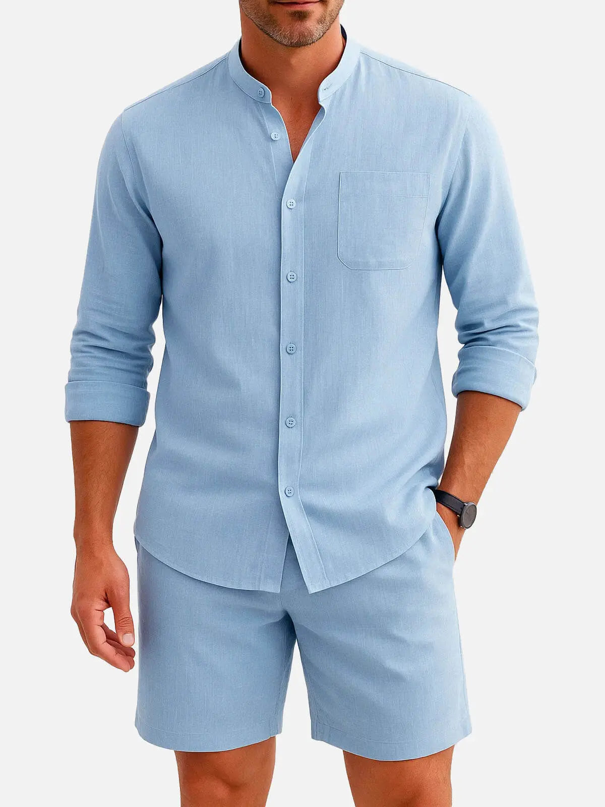Linen Blend Mandarin Collar Long Sleeve Button-Up Shirt with Chest Pocket in Sky Blue