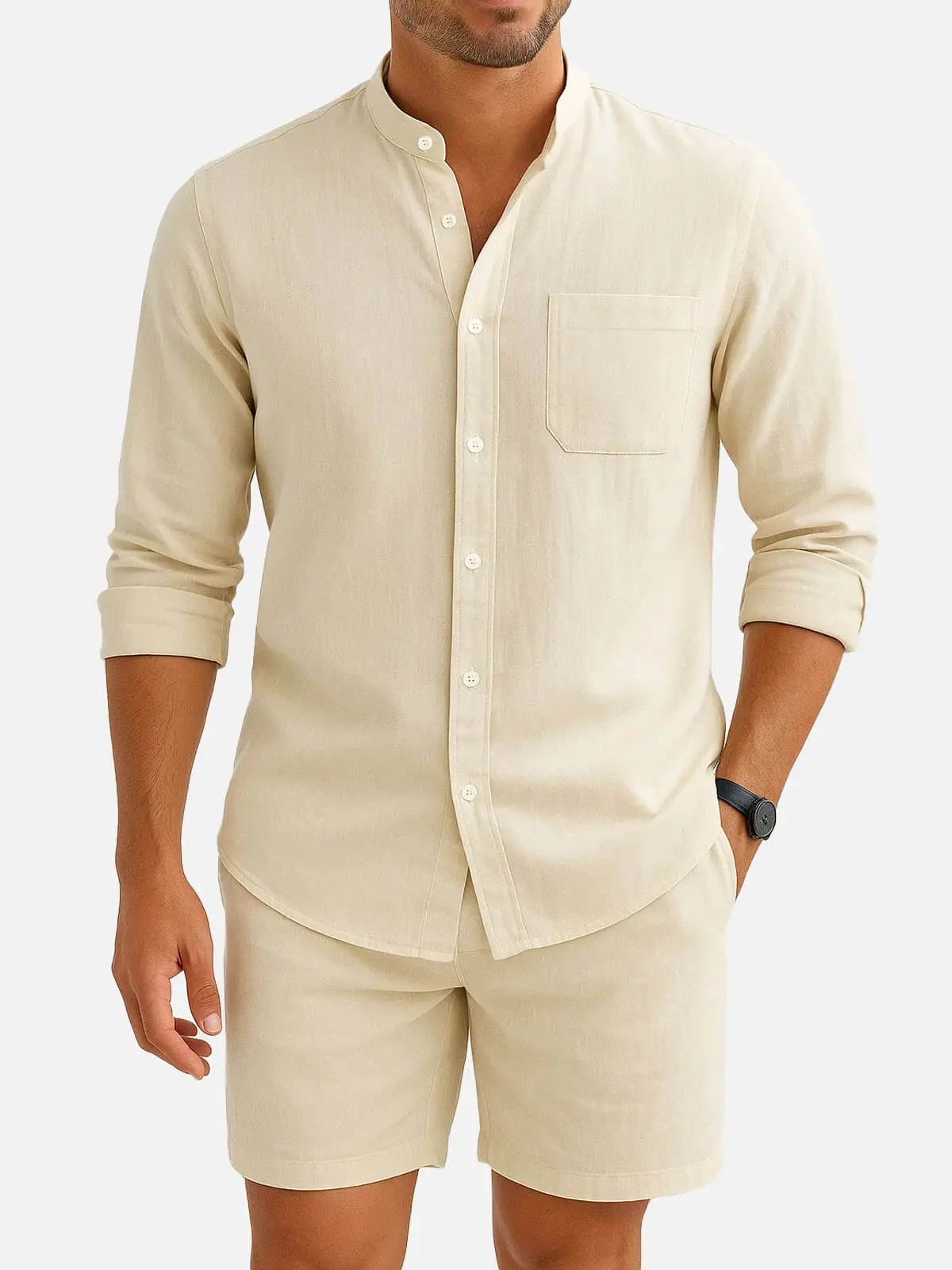 Linen Blend Mandarin Collar Long Sleeve Button-Up Shirt with Chest Pocket in Sky Blue