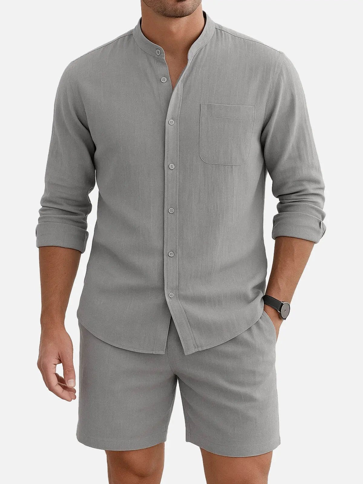 Linen Blend Mandarin Collar Long Sleeve Button-Up Shirt with Chest Pocket in Sky Blue