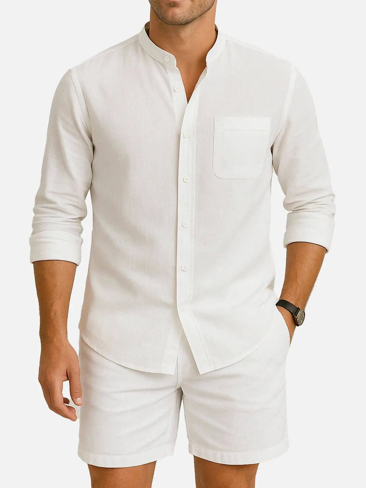 Linen Blend Mandarin Collar Long Sleeve Button-Up Shirt with Chest Pocket in Sky Blue