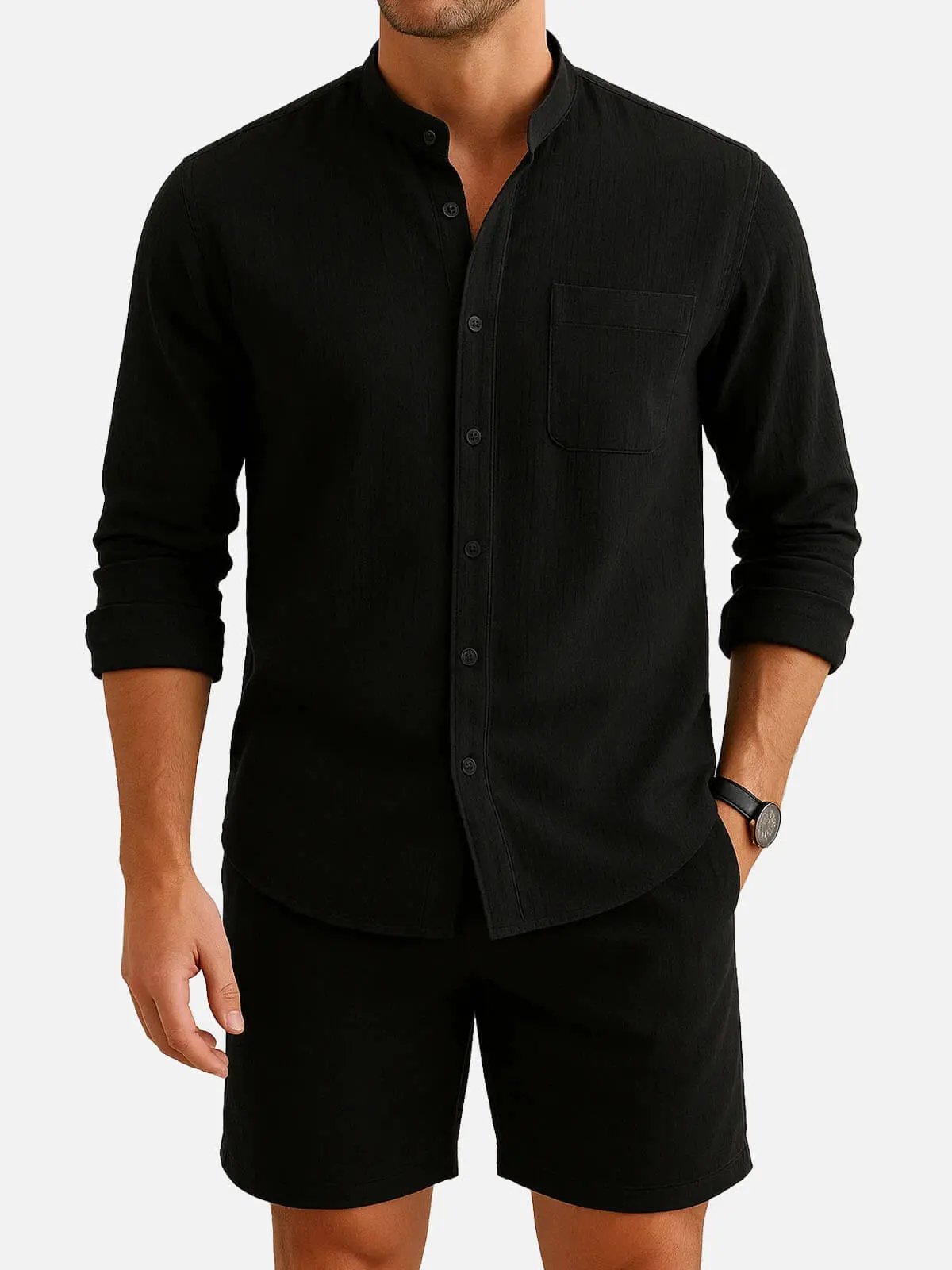 Linen Blend Mandarin Collar Long Sleeve Button-Up Shirt with Chest Pocket in Sky Blue