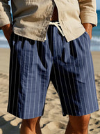 Vertical Pinstripe Drawstring Waist Relaxed Shorts in Navy Blue