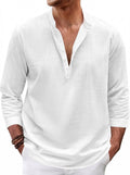 Men’s Linen Henley Shirt 3/4 Sleeve – Loose Fit Cotton Linen Blend Casual Stand Collar Button Neck Top