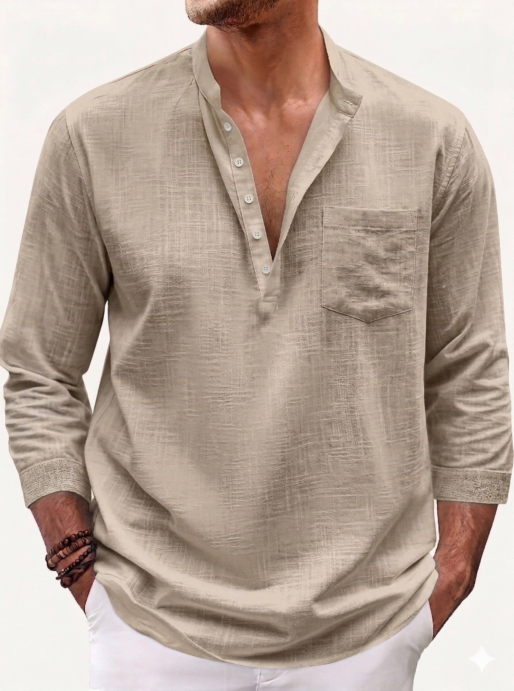 Men’s Linen Henley Shirt 3/4 Sleeve – Loose Fit Cotton Linen Blend Casual Stand Collar Button Neck Top